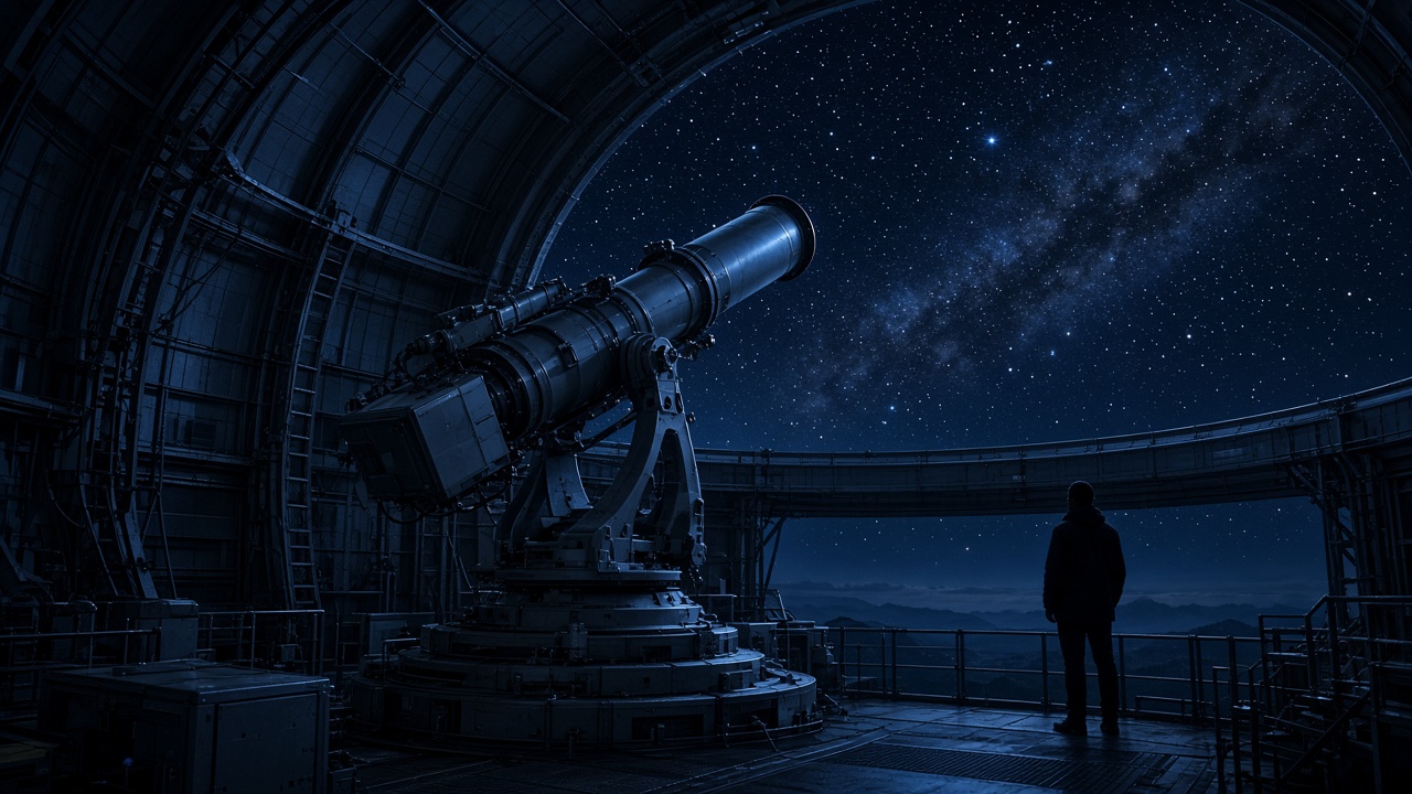 Optical bench under night sky with a mounted tracking instrument